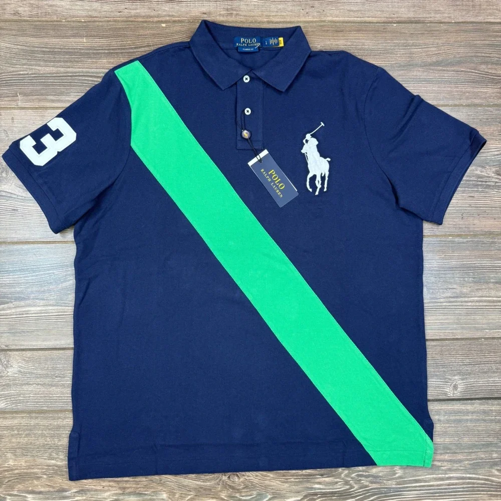 Polo Ralph Lauren Mens Size Large Polo Shirt Navy Green Big Pony Classic Fit NEW